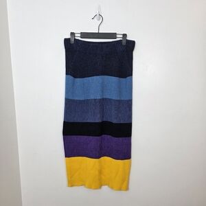Mara Hoffman Blue Yellow Ribbed Fitted Color Block Sweater Midi Skirt Size M